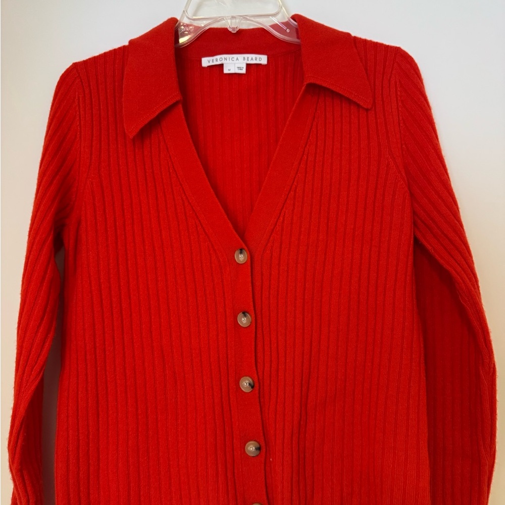 Veronica Beard Bright Red Ribbed Button Cashmere Cardigan